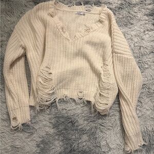 Bershka Cream V-Neck Distressed Sweater